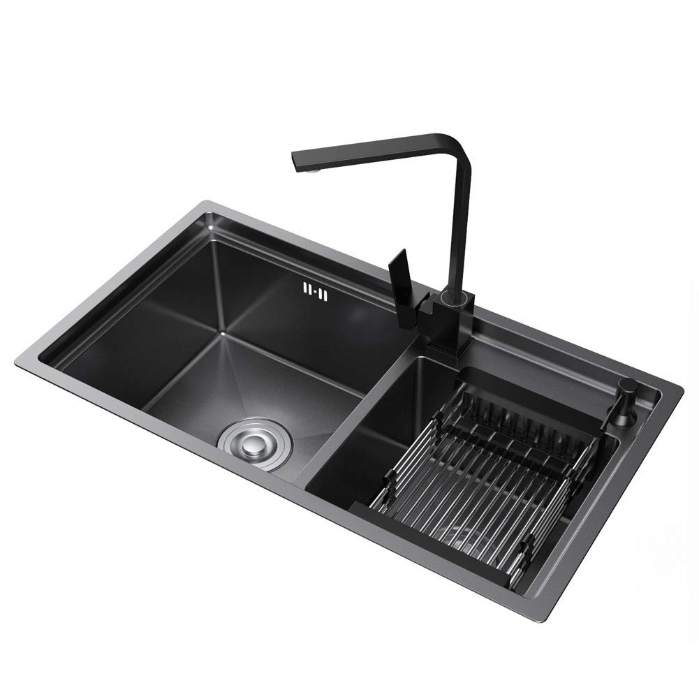 Évier de cuisine noir double bol carré 750mm combiné avec robinet mitigeur et vidage complet