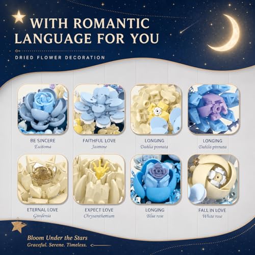 Image of Blue Moon Flower Building Set, Botanical Collection Crescent-Shaped Artificial Flowers Building Blocks Kit Compatible with Lego for Adults or Kids Home Decor Wall Art Decoration