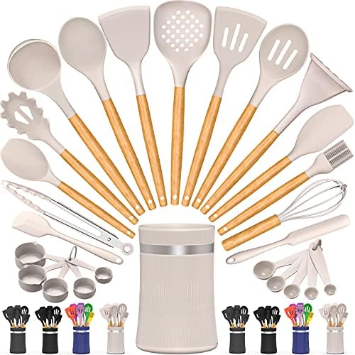AIKKIL Kitchen Cooking Utensils Set, 26 Pcs Non-Stick Silicone Kitchen Utensil Spatula Set with Wooden Handles, Silicone Kitchen Gadgets Utensil Set for Cookware(Khaki) …