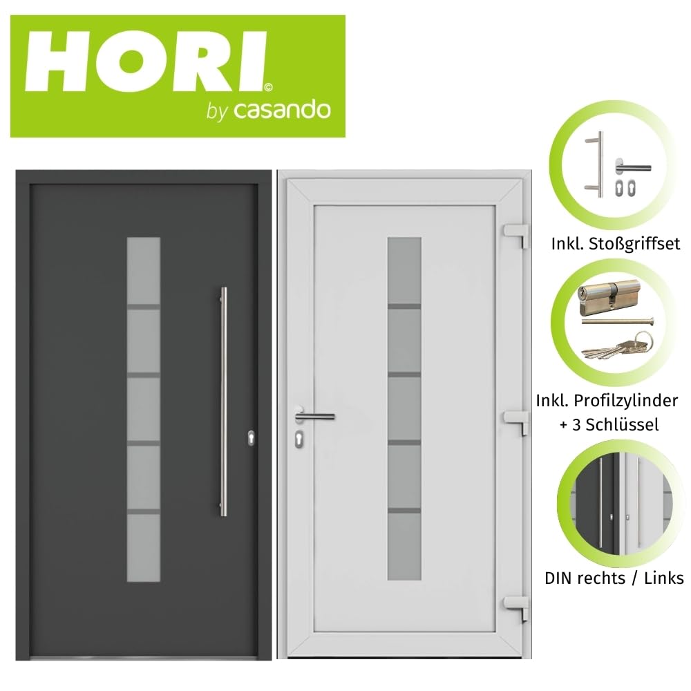 HORI Haustür Eingangstür Aluminium Kunststoff Komplettset - Haus Eingangstür mit 5-fach Verriegelung - Wärmeschutzglas - Farbe: Anthrazit (innen Weiß) - DIN Rechts - Modell: Chain - 210 x 100 cm