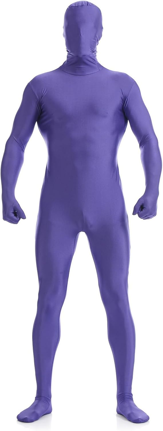 Men's Purple Full Body Unitard with Mask Long Sleeve Zipper Back Jumpsuit One Piece Bodysuit Second Skin Dancewear, Purple, 3XL/195-200cm