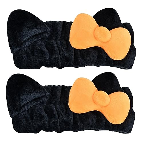 The Crème Shop x Hello Kitty “Spooky Season” Plush Spa Headband Soft Comfortable Iconic Bow Design Universal Fit Durable Easy to Clean For All Beauty Occasions (Set of 2), Black / Orange