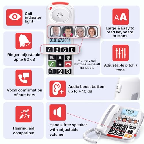 SWISSVOICE - Xtra 3355 Combo - DECT - Corded Telephone Cordless Handset - Large Keys Answering Machine - Audio Boost - Loud Ringtones - Hearing Aid Compatible - Call Block - White - Image 6