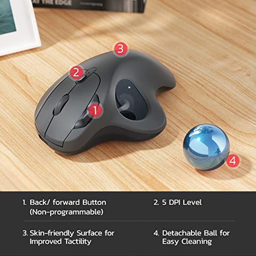 Wireless Trackball Mouse, Rechargeable Ergonomic Mouse, Easy Thumb Control, Precise & Smooth Tracking, 3 Device Connection (Bluetooth Or Usb), Compatible For Pc, Laptop, Ipad, Mac, Windows, Android #TOP6