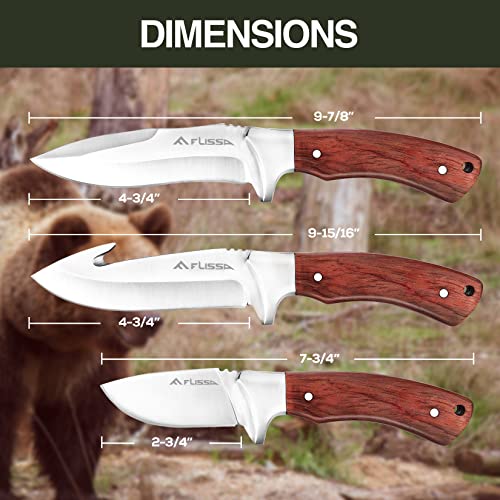 FLISSA Hunting Knife Set, 3PC Fixed Blade Knife, Full Tang Hunting Knife with Sheath, Hunting Survival Knives For Outdoor, Camping, Bushcraft, Fishing