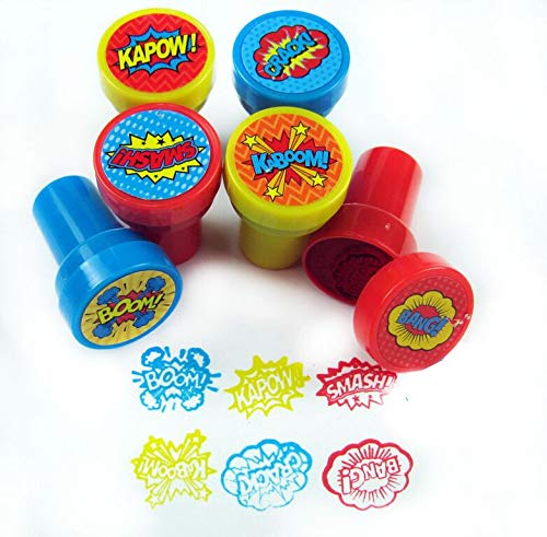 Tinymills 813-24-SUPT Tiny Mills 24 Pcs Superhero Assorted Stamps For Kids Self Ink Stamps (12 Different Designs) Superhero Birthday Party, Superhero Party Favors, Goody Bag Filler Treats thumb #1