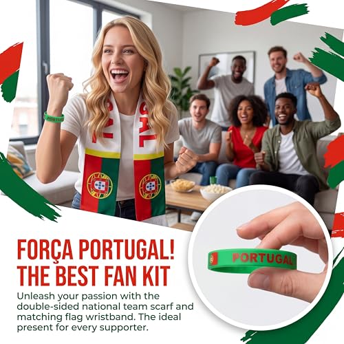 2pcs World Cup Fan Soccer National Team Scarves World Flag Wristband Double Side Logo Flag Print Scarf Sports Bracelets with Country Flag Gifts for Men Women (Portugal)