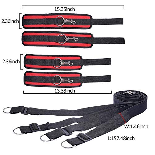 Woman\'s Bed Tied Straps Bedroom Couple Cuffs Set Game Set with Soft Adjustable Strap,ankle and Wrist Strap-RED