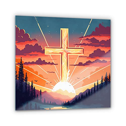 Cruz al atardecer en cuadro de vidrio SacroArte de 40x40 cm para un salón relajante