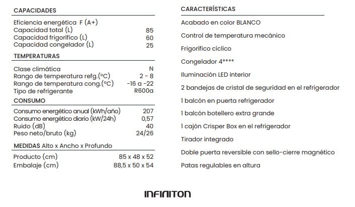 INFINITON | Frigorifico FG-A82B2P | Dos Puertas | Capacidad 85 L | Descongelación DEFROST | Alto 85 Cm | Clase Energética A+ /F | Temperatura Regulable | Color Blanco |