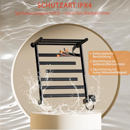 360W Elektrischer Badheizkörper Mit Lagerregal, Handtuchwärmer Wandmontage, 6 Stangen (3 Armen Drehbar 180°), Handtuchtrockner Elektrischer Mit Thermostat 30-70 °C,Touch Control, IPX4, Schwarz
