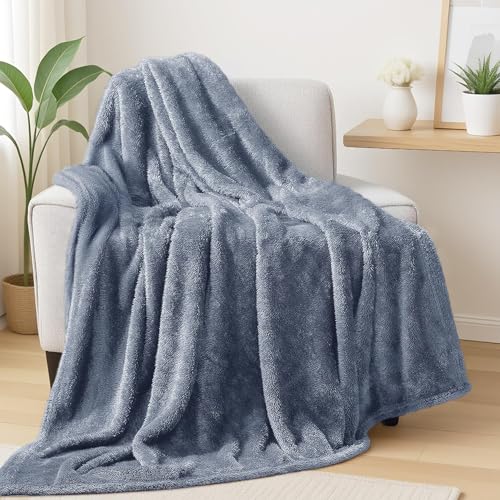 Image of Exclusivo Mezcla Plush Fuzzy Fleece Throw Blanket Extra Large, Super Soft, Fluffy and Warm Blankets for Couch, Bed, All Season (Stone Blue, 50x70 inches)
