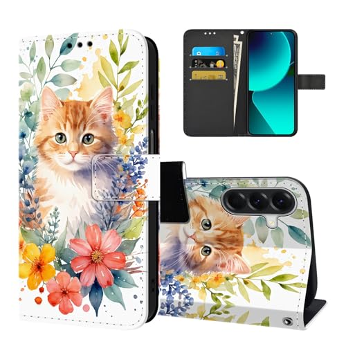 Tveinan Telefoonhoes voor Samsung Galaxy A56 5G, Premium PU-leer, inklapbare klaphoes met patroon, beschermhoes, magneet, pasjesvak, standfunctie, flipcase, telefoonhoes voor Samsung A56 - Kat & Bloem