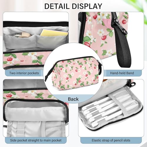 Image of Flower Cherry Fruit Large Capacity Pencil Case Pen Bag Pencil Pouch, Kids Printed Pencil Case with Handle Canvas Zipper Pen Pouch for School Office College Ideal Graduation Gifts
