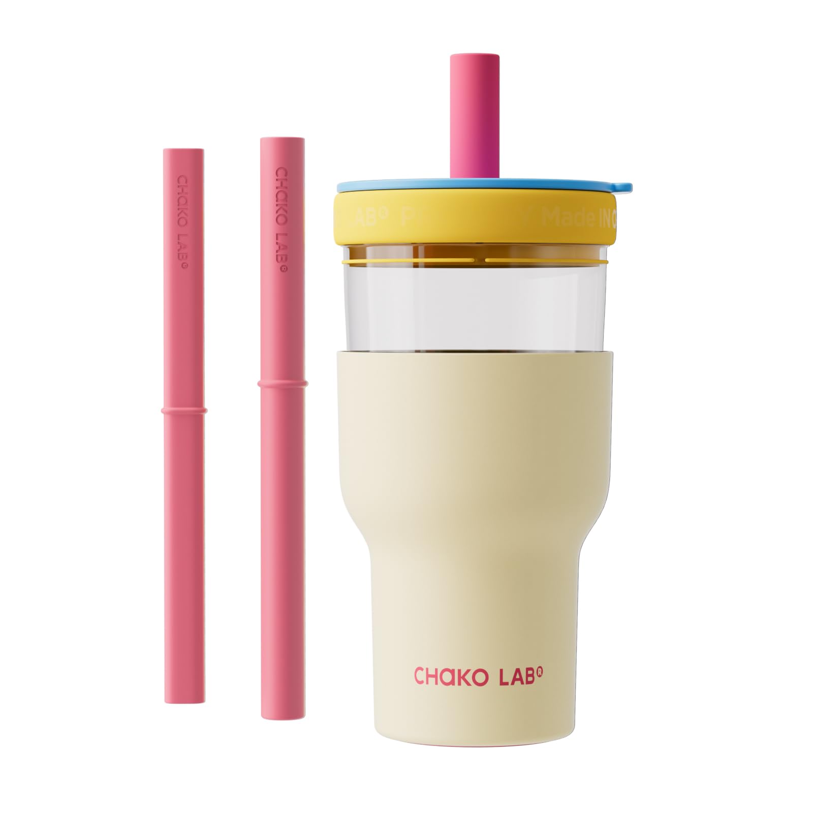 CHAKO LAB Insulated Water Bottle | Dual-layer tumbler with Glass Liner and Stainless Steel Liner | BPA-Free Leak Proof Thermos | 20oz Bottle with Two Straw | White & Blue