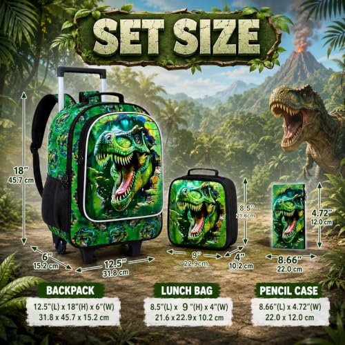 FTJCF 3PCS Dinosaur Rolling Backpack for Boys, Roller School Backpack with Wheels, Kids Wheeled Bookbag for Elementary Preschool Kindergarten(Green) by FTJCF - Used condition - Image 5