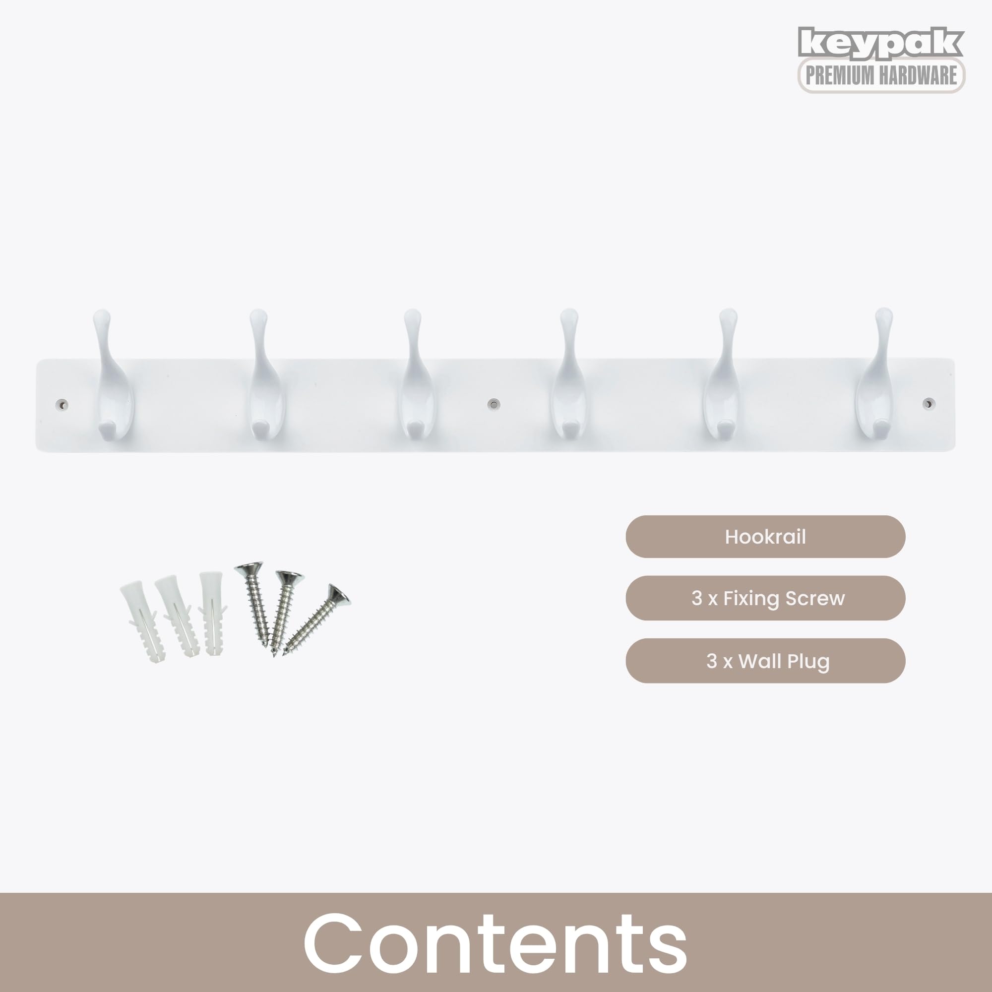 Keypak Perchero moderno de pared, 6 ganchos blancos brillantes sobre base de madera blanca de 68 cm, premontado y fijaciones incluidas