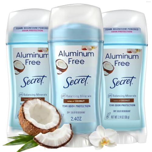 Secret Aluminum Free Deodorant for Women, 48hr Odor Protection, Naturally Derived Ingredients, Free of Parabens Dyes Talc & Baking Soda, PH Balanced, Dry Solid, Coconut Scent, 2.4 oz (Pack Of 3)