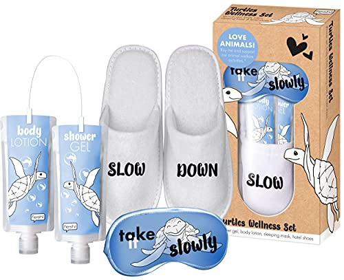 fesh - Beauty und Relax-Set, Slow Down, Pflege und Wellness, 5-teilig, mit Duschgel, Body-Lotion, Schlafmaske und Frottee Slipper, tolle Geschenk-Box für Mädchen und Frauen