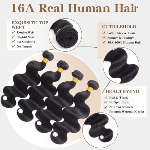 Image of 16A Body Wave 3 Bundles with 5x5 HD Lace Closure (12 14 16+10 inch) 100% Unprocessed Brazilian Virgin Body Wave Human Hair Weave Bundles with Closure Natural Color
