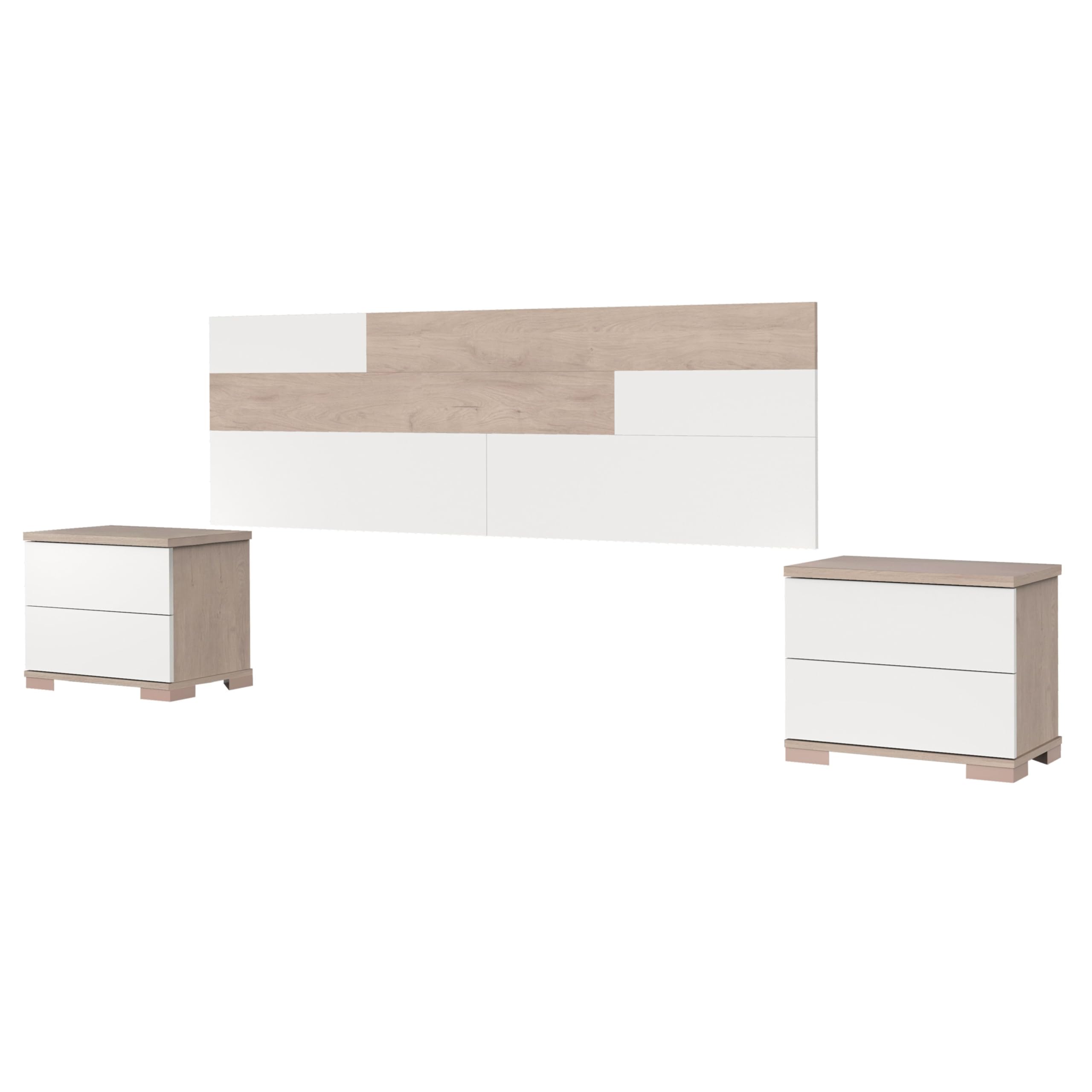 MUEBLES PITARCH | Conjunto Pack Cabecero y 2 Mesitas de Noche, Incluye Herrajes para Colgar, Guías metálicas, Blanco y Roble Aurora, Dormitorio Doble de Matrimonio, para Cama 150, Modelo Erika