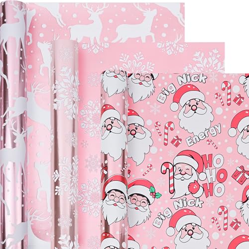 Dlyrroba Pink Christmas Wrapping Paper Roll Bundle with Cut Lines - 3 Mini Rolls - Holiday Gift Wrap with Funny Words Santa Holiday Design for Winter Party Celebration - 17 Inch X 120 Inch Per Roll