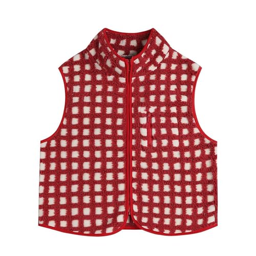Women's Checkered Polar Fleece Vest Sleeveless Cardigan, Fashion Plaid Sleeveless Sherpa Coat (Red M)