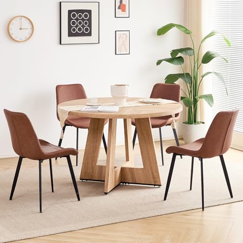 Image of 47 inch Round Dining Table Set for 4, Kitchen Table and Chairs | Wooden Cross Base, Synthetic Leather Chair, for Apartment