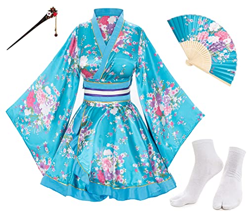 Japanese Anime Womens Dance Kimono Robe Fancy Dress Yukata Silk Folding Fans Tabi Hairstick Socks Set Blue Plus Size