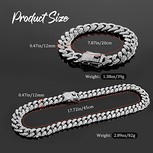 Fuyihgl 2 Pcs Cuban Link Iced Out Chain Necklace And Bracelet Set, Zinc Alloy With Rhinestones Diamond Chains Iced Out Chain Hip Hop Jewelry Men Miami Cuban Link Chain For Men, Women #TOP1