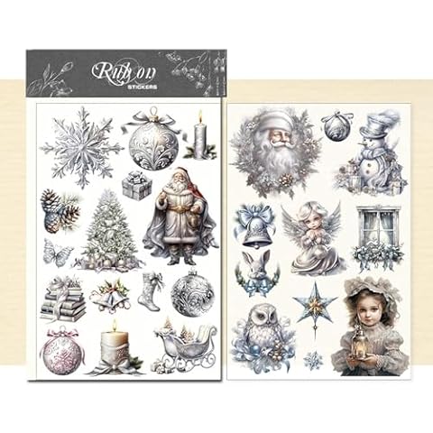 CATaireen Rub On Transfers Stickers 2 Sheets for Crafts Cloth Glass Acrylic Wood Furniture Small Vintage Junk Journal Supplies Scrapbooking Items Christmas Thanksgiving (Silvery Christmas) Cover