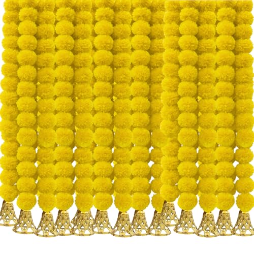 Image of Marigold Garlands Decoration with Bell, Artificial Flowers for Decorations Hanging Garlands for Home Decorations, Ganpati Decoration /Diwali Decoration for Home Decor- (Yellow, Pack of 20)