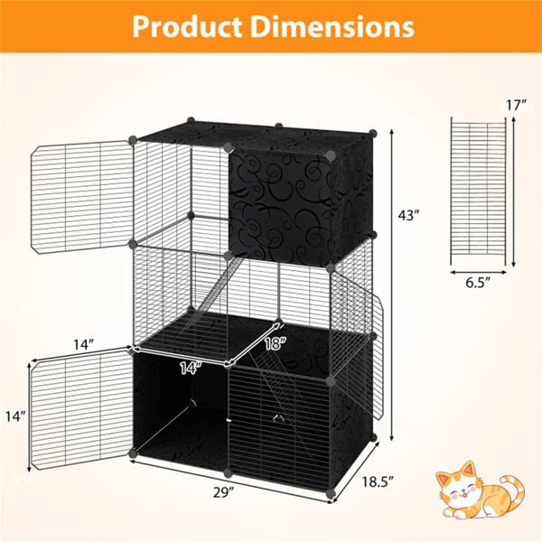 DIY Cat Cage, 3-Tier Large Indoor Pet Playpen, Metal Wire Kennel Crate with 3 Doors, 2 Ladders & Hammer, Detachable Enclosure for Cats, Ferrets, Guinea Pigs, Rabbits (29 x 18.5 x 43 Inches, Black)