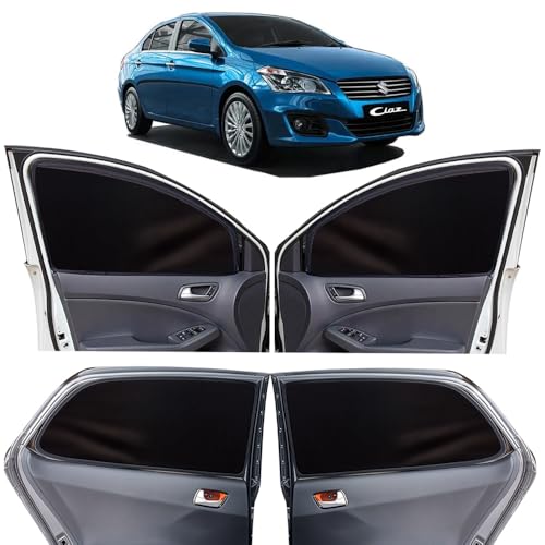 Image of OTO2EYE Car Sun Shade Compatible for Maruti Suzuki Ciaz Model 2018 to Till Now, Z-Black Super Magnetic Grip, Front Window Zipper, Side Window Curtains, 4 Pieces Set