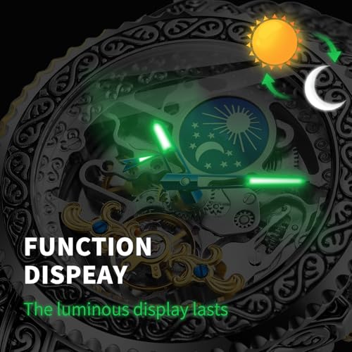 Image of Gute Men's Watch Retro Mechanical Skeleton Watch with Carved Automatic Tourbillon, Moon Phase, Independent Seconds, and Big Dial Design - Self-Wind Automatic Wrist Watches