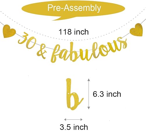 Miniatura 2 de WEIANDBO - Cartel dorado con purpurina "30 y fabuloso", premontado, decoración de fiesta de aniversario de boda, 30 y fabuloso