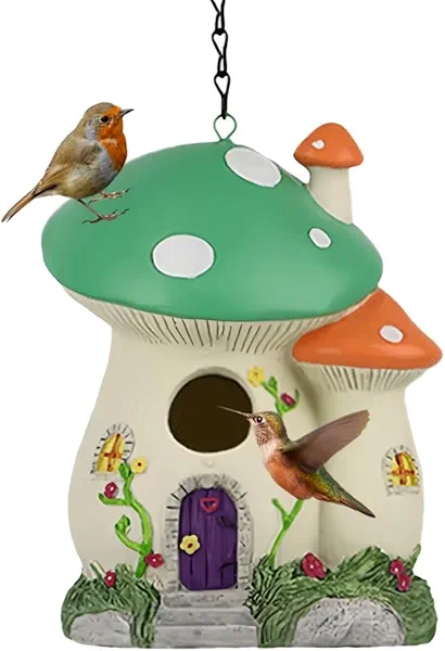 Bird Houses for Outside Clearance, Resin Hanging Bird House, Decorative Mushrooms Bird Houses for Home Garden Decor, Outdoor Birdhouse for Hummingbird, Bluebird, Cardinal (Green, Medium Size)