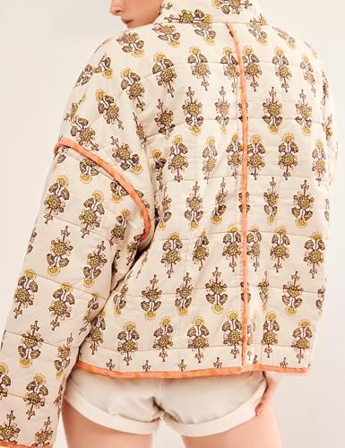 Women's Quilted Puffer Jacket Lightweight Floral Print Padded Coat Cropped Open Front Puffy Cardigan Outwear(Apricot-S)2