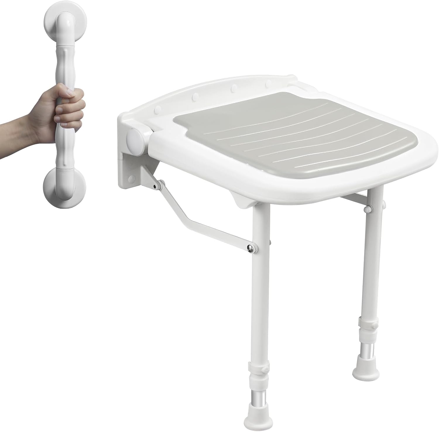 Wall Mounted Shower Seats with Bathroom Grab Bar(FSÄ/HSÄ), Support 550lbs, Adjustable Height Fold Down Shower Seat Wall Mounted Folding Shower Bench for Elderly-Adults-Pregnants-Seniors-Disabled