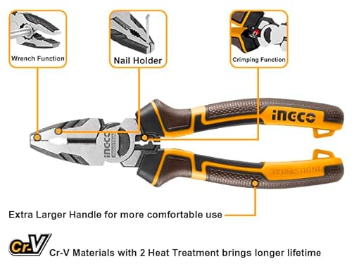 INGCO 3Pcs High Leverage Pliers Set, 8" Combination Pliers and 7" Diagonal Cutting Pliers and 6" Long Nose Pliers HKHLPS2831 - 8