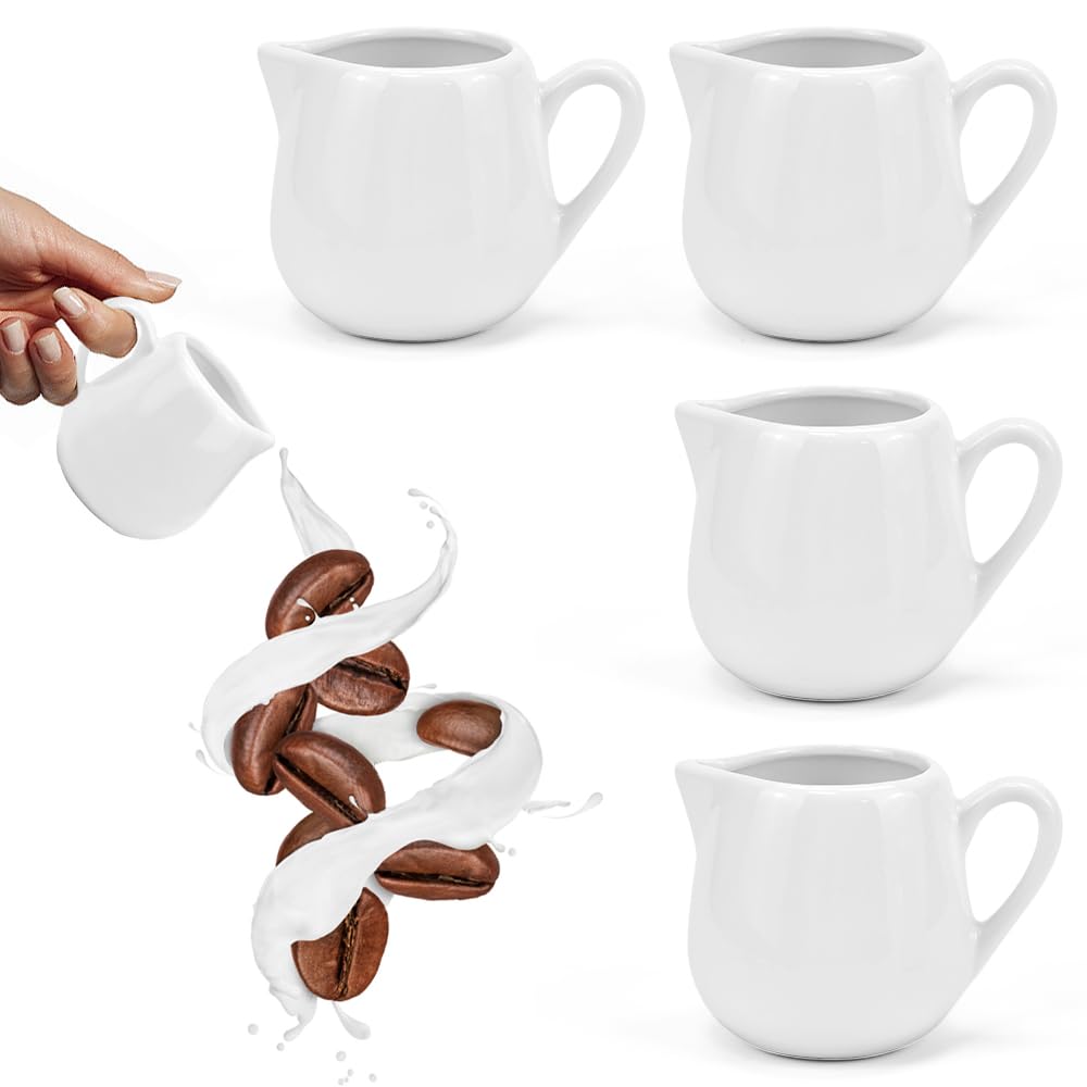 Lot De 4 Mini Pots à Lait En Porcelaine Blanche - 80 Ml Avec Poignée, Pour Café, Lait, Sauces, Déco Cuisine