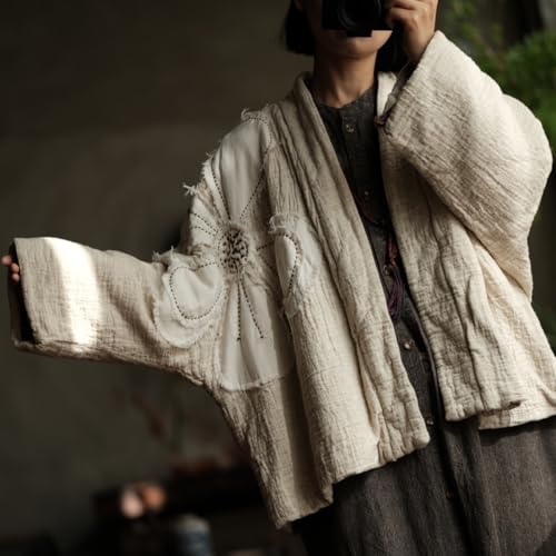 NFYM Women Cotton Linen Quilted Jacket Hand Embroidered Applique Flower Open Front Kimono Coat3