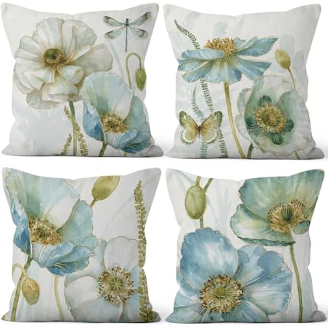 4 Pcs/Set Rose Flowers Pillow Covers Summer Floral Green Leaves Pink Flowering Shrub Natural Scenery Watercolor Romantic Linen Cushion Case for Outdoor Couch Sofa Bedroom, 16x16