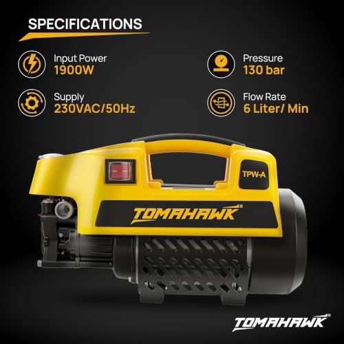 Image of Tomahawk TPW-A Induction Motor Pressure Washer - 130 Bar High Pressure, 1900W Deep Cleaning Power | 1-Line Compact Washer with 8m Hose, Pressure Gauge & Foam Bottle for Car, Bike & Home