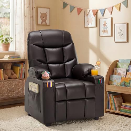 Donut Larger Kids Reclining Chair PU Leather Recliner Sofa Push Back Lounge Children Toddler Boys Girls Ages 3-12 with Dual Cup Holders and 4 Pockets
