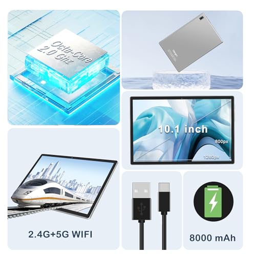 Image of Oangcc Android 13 Tablet 10 Inch 2026, 12GB+128GB+2TB Expand, 8000mAh Battery, Octa-Core, 5MP+8MP Dual Camera, 2.4G /5G WiFi, GPS, 1280x800 IPS, Tablets with Keyboard Mouse & Case - Grayish Blue