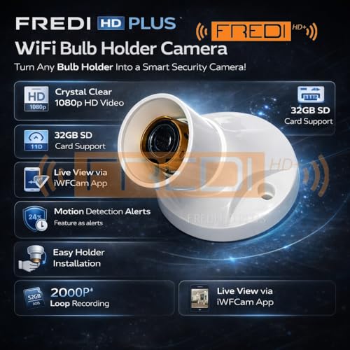 Image of FREDI HD PLUS Bulb Holder Camera WiFi 1080P Indoor Security Camera, Mobile & PC Live View via iWFCAM App, Plug-in AC 220V, Loop Recording, SD Card Support up to 32GB, Home Office Monitoring