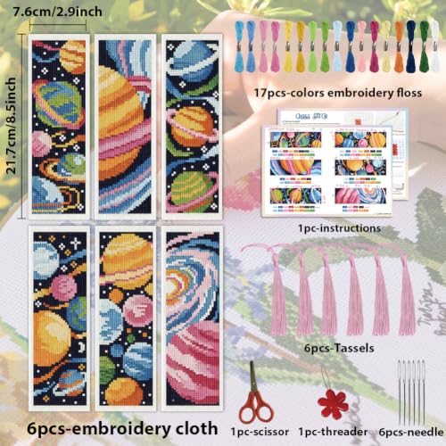 Image of ACRNIGHEET 6PCS Cross Stitch Bookmark Kit for Beginner Stamped Cross Stitch Kits for Adults Planet DIY Tassel Embroidery Bookmark Kits Needlepoint Kit with Instructions Craft Gift 8.5''x3'' 11CT