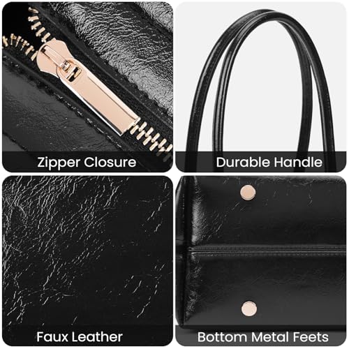 Image of Vintage Shoulder Bag - Glossy Leather Top Handle Handbag, Retro Minimalist Dome Shoulder Purse, Elegant Underarm Bag
