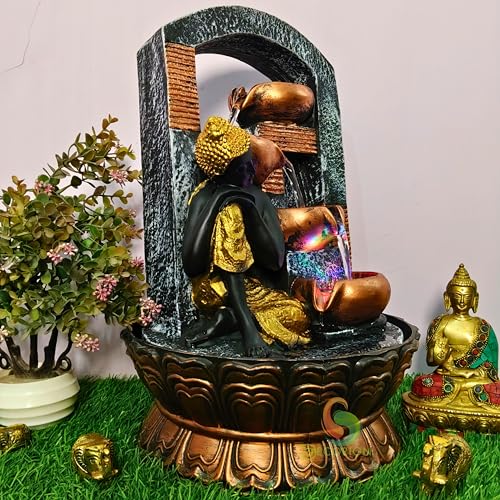 Image of Decorative Table Top Water Fountain for Home Decor /Office /Indoor & Outdoor /Garden /Puja Room /Vaastu with Multicolor LED Light and Adjustable Water Pump (Black-D-013)